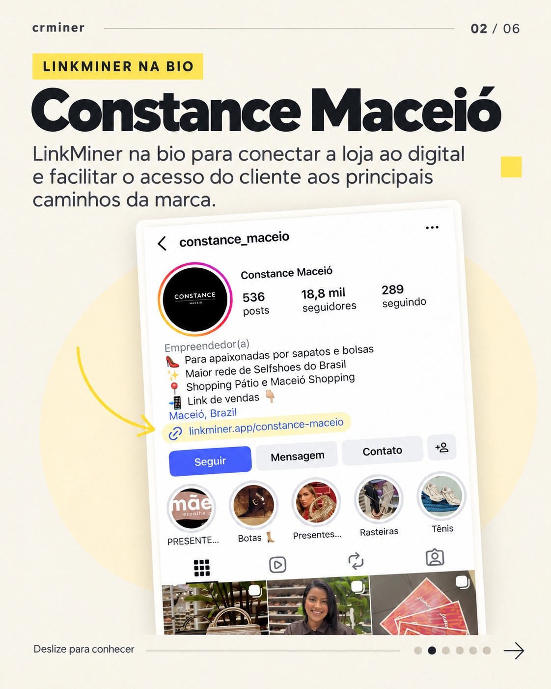 Perfil de Constance Maceió con el enlace LinkMiner en la biografía resaltado