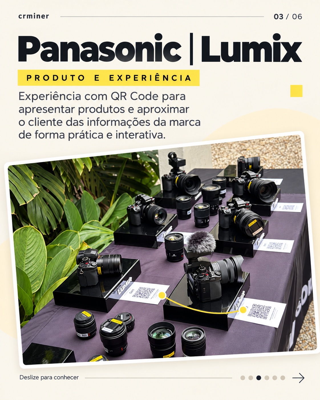 Cámaras Lumix mostradas junto con códigos QR con información del producto